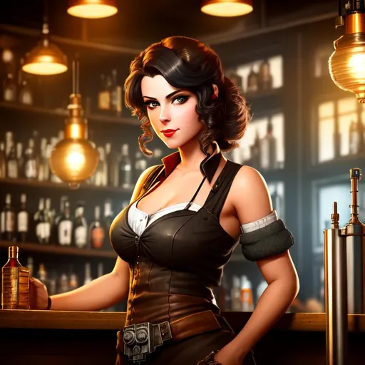 Prompt: Portrait of dieselpunk female bartender, standing behind bar, beautiful face, messy hair, indoor, nostalgic lighting