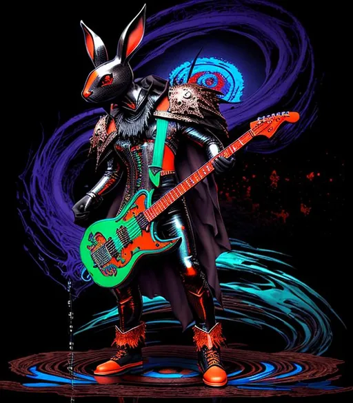 Prompt: Horror, Scary, Ominous, Sinister, freeform dark chaos epic bold, 3D, HD, {one}({liquid metal {Man}Rabbit dressed in Guitarist outfit} with {red blue orange brown hunter-green bronze black}ink), expansive psychedelic background --s99500