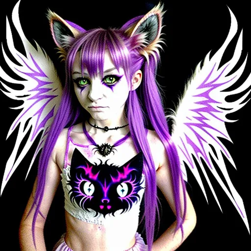 Prompt: Half demon, half wolf cat thingy hair made from fairydust eyes glow in the dark 12 inch scar arcrossed face because bullied, nerd, pretty clothing because princesse, half fairy fancy neckless from mom thats dead and bruses from dad I have angel wings I wEAR maKeup and  My tail is the a fluffy demon tail