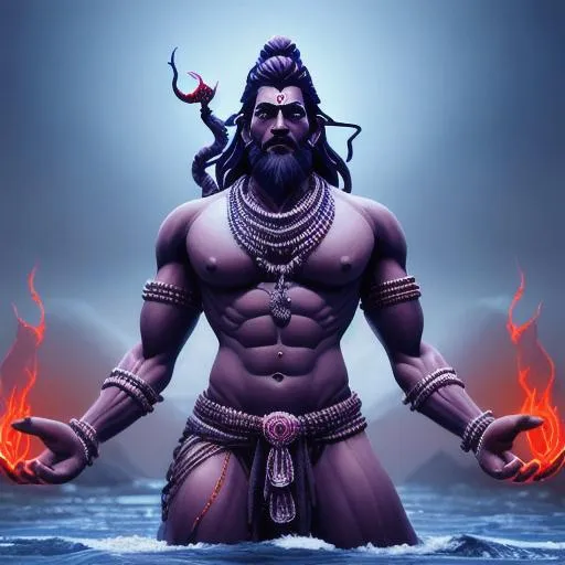 Prompt: Massive Lord Shiva standing in tidal dark tsunami, extra limbs, armed with traditional Hindu weapons, Cobra necklace, battle stance, bearded, Hindu tattoo, hd, hyperrealism, glowing eyes, powerful aesthetic, unreal engine render, fantasy art 4k, ultra HD render, 4k digital art, 4k digital photography, motion blur, intricately detailed, cultural detail