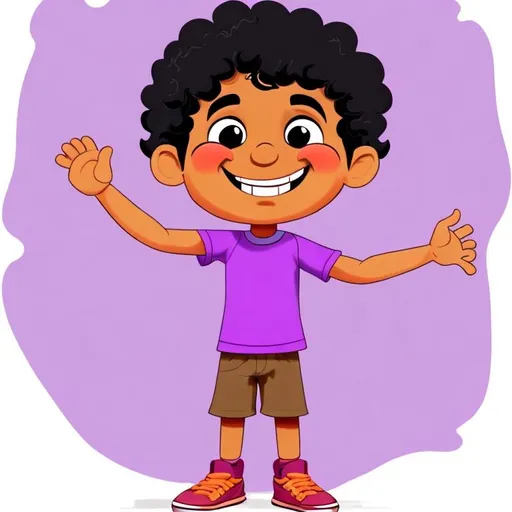 Prompt: 2d cartoon drawing of 5 year old indian boy in light purple tshirt and shorts with shoes that has light brown skin and black curly hair. He has big dark brown eyes and is smiling. small nose, two feet, two hands, 5 fingers on each hand.