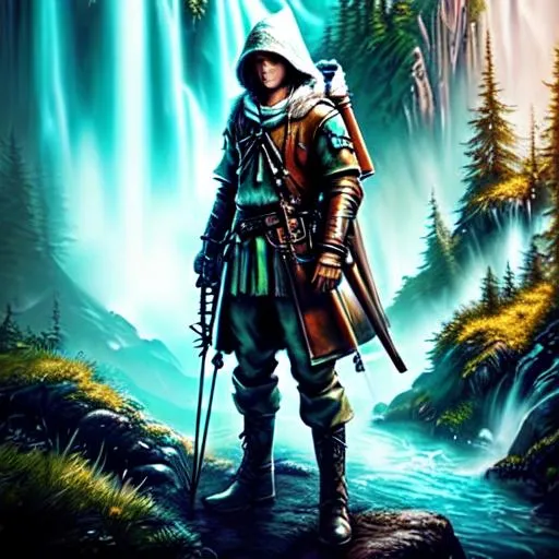 Prompt: Young male Wood elf with long white hair and purple eyes, leather and green cloth outfit, bow and arrow, quiver, forest, dnd, fantasy, stoic,