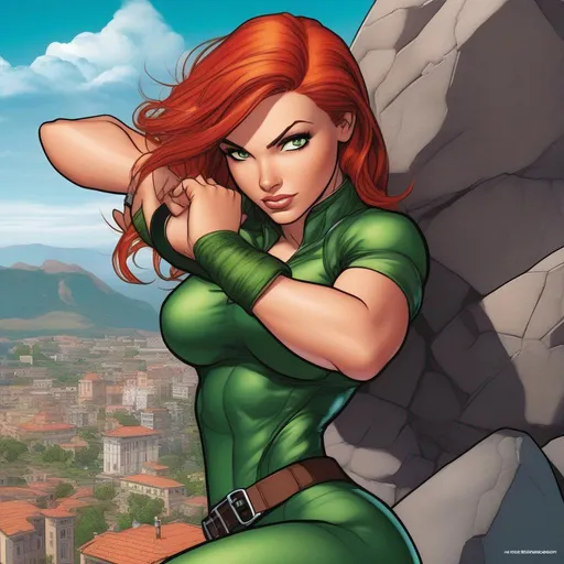 Prompt: beautiful Caitlin Fairchild from Gen 13 with red hair and green eyes holding a large rock, comic character design, the hard and strong buildings, rock climbing, realistic artstyle, 21:9, punching, telepaths, giantess art, 1 6 : 9, reduce character duplication, hydra, ((restrained)), cg art