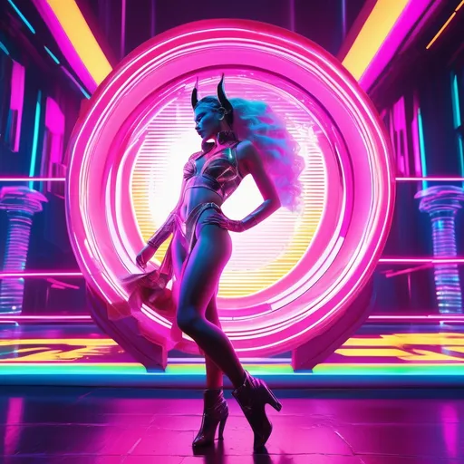 Prompt: a beautiful female demon in a dynamic pose in a retro futuristic synthwave cyberpunk neon paradise.  neon lighting, high quality, beautiful, synthwave, cyber, retro, futuristic