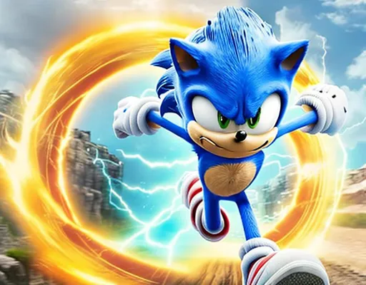 sonic corriendo con rayos supersonicos y con el logo...