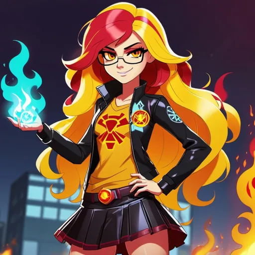 Prompt: cyberpunk equestria girls sunset shimmer wearing a skirt and leather and wielding fire magic