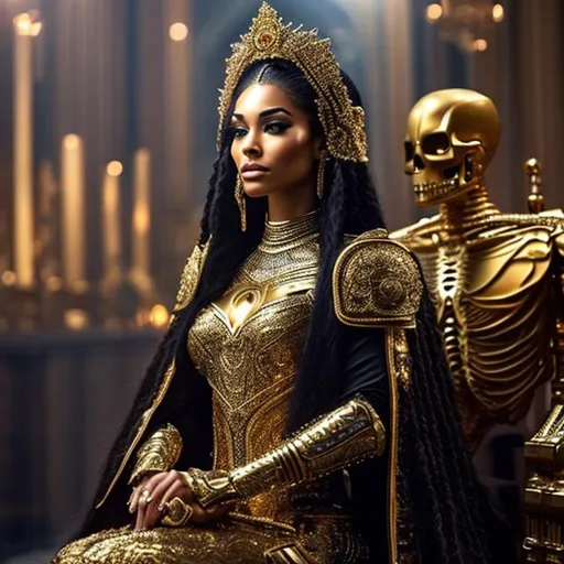 Prompt: Full body in shot. Epic. ((Ultra-detailed depiction)). (Beautiful and aesthetic:1.2). Attractive Cyborg Woman, long hair {dreadlocks}, body suit {Skeleton}. gold mask, 60s pillbox hat. a black cape, sitting in a fancy chair, highly detailed, masterpiece. realistic proportions, correct proportions, anatomically correct hands.