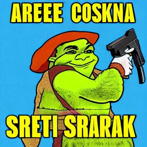 Prompt: George Costanza with a gun shoots Shrekshuka dead, shrekshuka dies