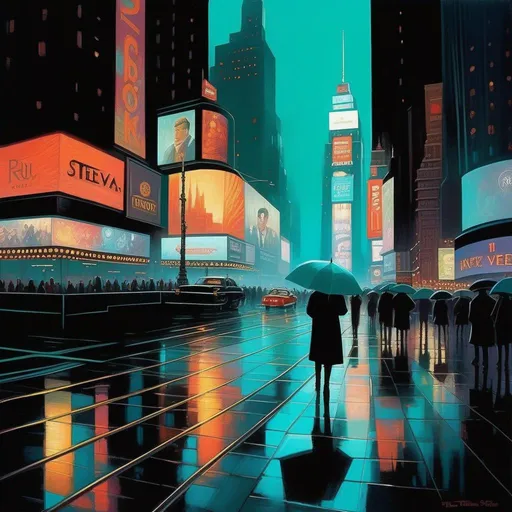 Prompt: Times Square at night, creepy, rain, fog, cold teal atmosphere, cartoony style, extremely detailed painting by Greg Rutkowski and by Henry Justice Ford and by Steve Henderson 

