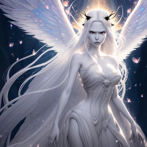 Prompt: bust of a beautiful fallen angel in the style of Disney Pixar and Yoshitaka Amano with a long flowing gown and white hair, angry, bloody, sunshine, two clear wings, light beams, sparkle, digital art, smooth lighting, fireflies, stars, backlit