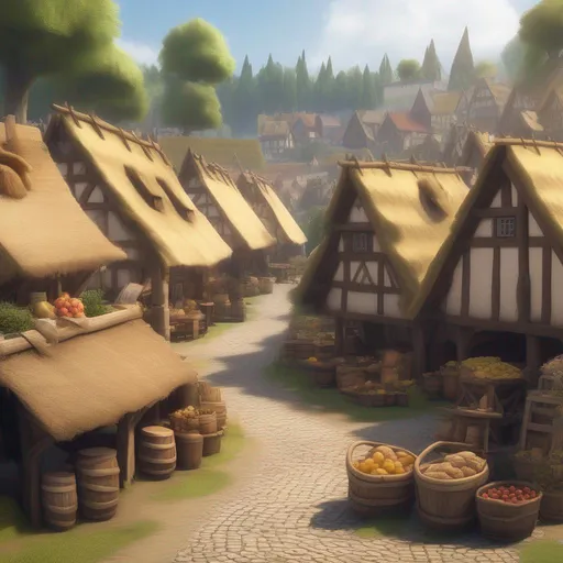 Prompt: Digital art of a medieval village with thatched roofs surrounded by a log palisade, a market square, and townsfolk.