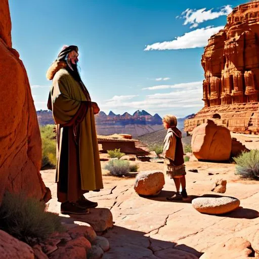 Prompt: A tall old tan man and a young tan boy wearing ancient primitive hebrew fur clothes in a rocky desert mountain, with a large stone altar. short hair, green eyes, long beard.