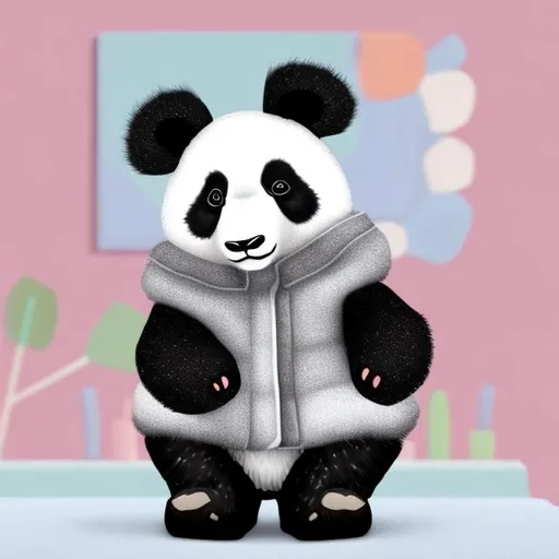 Prompt: Panda wearing fluffy jacket pixle image