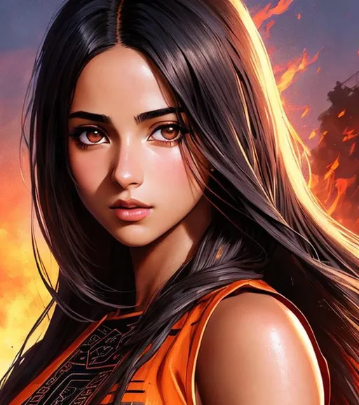 Prompt: Manga cover art. Naomi Scott with brown long hair, wearing brown well oil leather tribal cueitl war dress, intricate tribal village, realistic face, emotional lighting, cover logo "Azmaat" , character illustration by Ilya Kuvshinov, chainsaw man, fire punch 