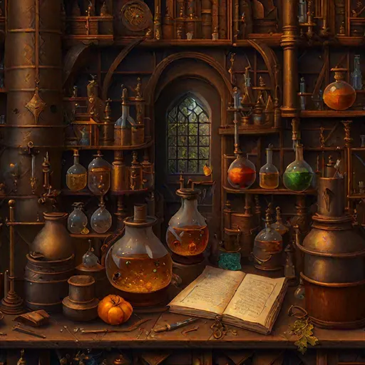Prompt: a medieval alchemical laboratory, detailed oil on canvas, 8K