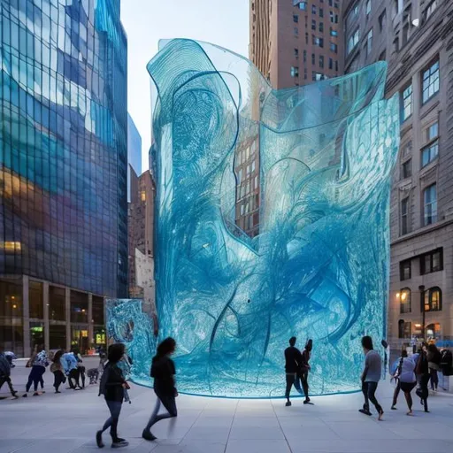 Prompt: at dusk, huge public art, modern art, in manhattan, big, blue, layered glasses, random square, tall, wave form, complicated, detailed art with glass, rounded art, in front of the building, people walking by the art
