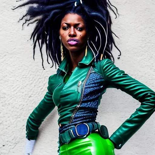 Prompt: Beautiful  woman with curly dreads standing tall and slim with green leather pants she has a long neck and shaped like a lightbulb. She wears blue boots. Eyes shaped like marbles and skin tone is black and white 