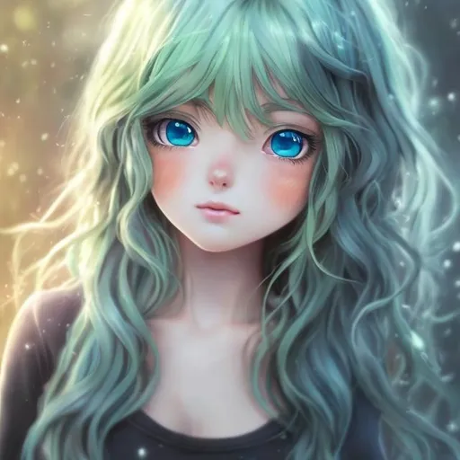 Prompt:  Realistic girl in anime, hyper detailed, long green wavy hair  anime girl and has blue 
eyes,highly full character visible, soft lighting, high definition, ultra realistic, digital art.