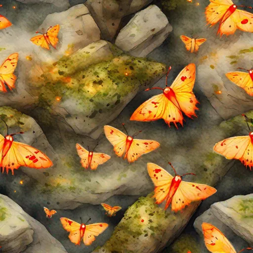 Prompt: Ancestor Moth Swarm, wings of orange with red markings and glowing yellow, flying around a moss covered rock, masterpiece, best quality, (in watercolor painting style)