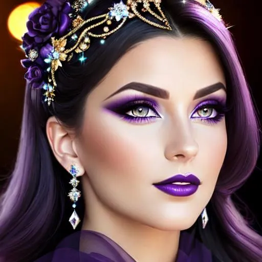 Prompt: a realistic feminine elegant princess ,  dark hair, large purple eyes, wearing jewels in her hair,  beautiful makeup, purple eyeshadow, dark purple lipstick, facial closeup
