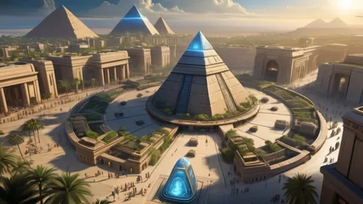 Prompt: Stargate in the middle of a city plaza, futuristic setting, aerial view, star portal, pyramid spaceships, floating pyramids, hanging gardens, detailed fantasy art, futuristic gardens, highres, detailed, aerial perspective, fantasy art, sci-fi, futuristic, star portal, detailed architecture, egyptian architecture, professional, magical lighting, atlantis setting