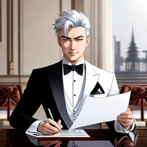 Prompt: demon god in a white and silver tux smirks as he gets you to sign a unfair contract , and invites you to a tea. with a letter that contains essence of everything. in a demonic circle