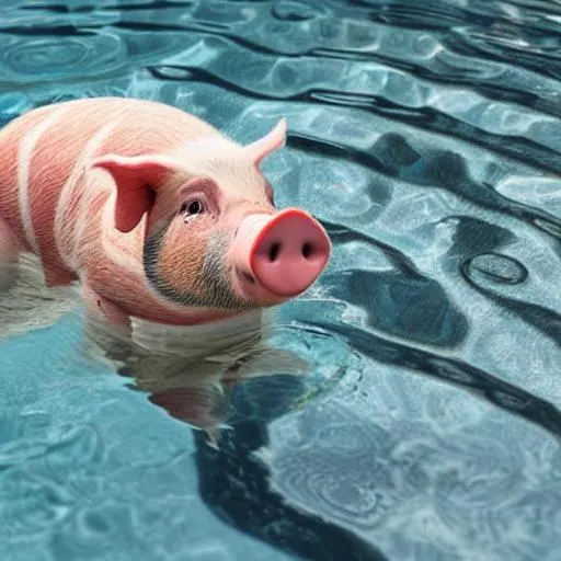 Prompt: pig eating bacon while floating in a pool