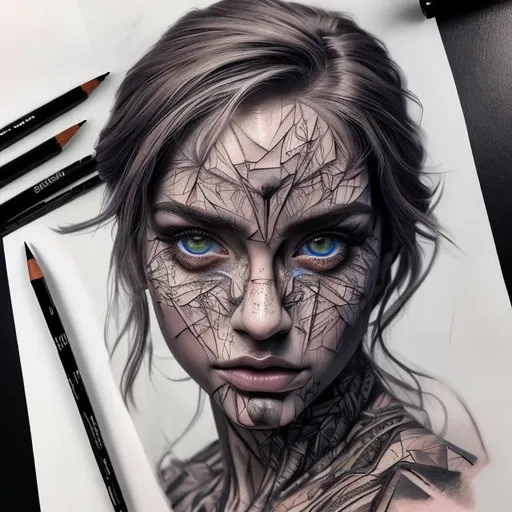 Prompt: (masterpiece) (hyper realistic) (8K) (detailed photography) instagram able, centered, extremely detailed face, extremely detailed eyes, extremely detailed clothes, an artist, show me a woman draw style, tattoo art, clear face, crystal clear eyes, canvas.