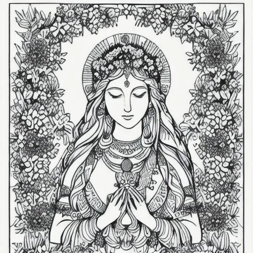 Prompt: Black and white coloring page of a goddess surrounded by flowers