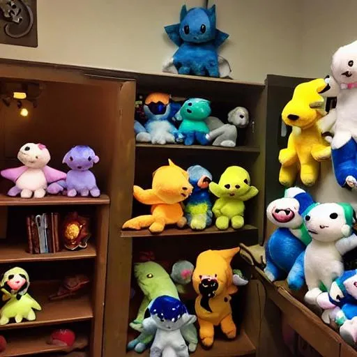 Prompt: Inside a locked room, with tons of dragon plushies