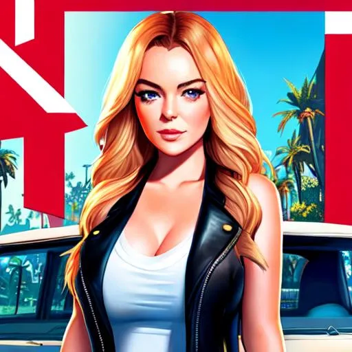 Prompt: Lindsay Lohan in GTA 5 loading screen, cover art by Stephen Bliss