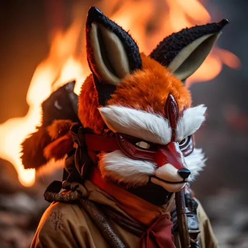 Prompt: A fox holding a oni mask near to hes  face, in war clothes, around fire.