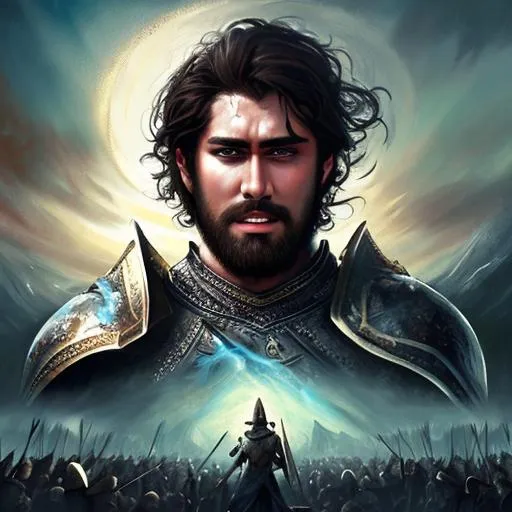 Prompt: fantasy handsome king with dark hair medieval looking into the sky, shouting in a battle
epic painting