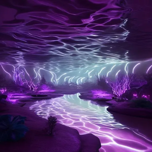 Prompt: magic river flowing from nowhere into nothing glowing purple light from under the water lighting strange plants and animals