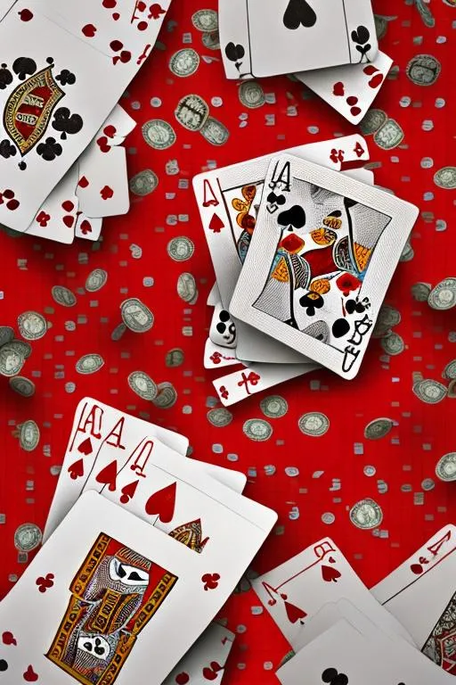 Prompt: red wallpaper with falling money and poker cards