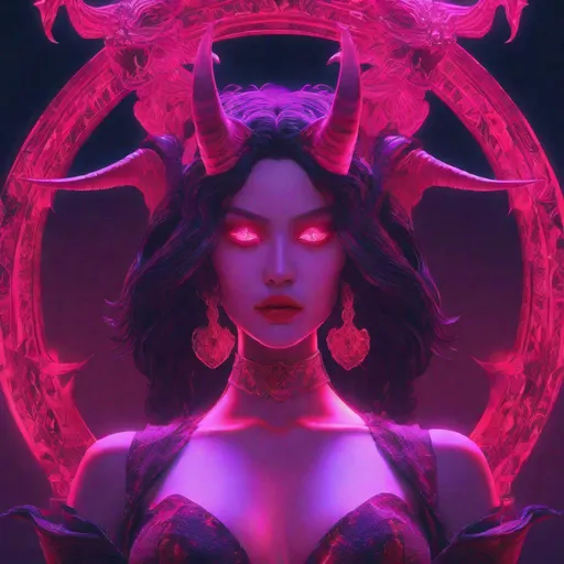 Prompt: beautiful female demon, hell, demonic, vaporwave, retro, neon, aesthetic, liminal, high quality, high definition, beautiful, dramatic lighting