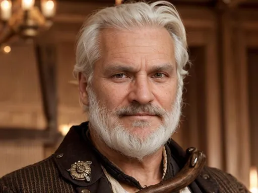 Prompt: Use the image i put,Identical facial structure as possible, wearing a 18th century pirate, on the ship helm, accurate,Detailed,HD,looking at camera, white facial hair, old man around 50. I want it look similar to the photo i given.