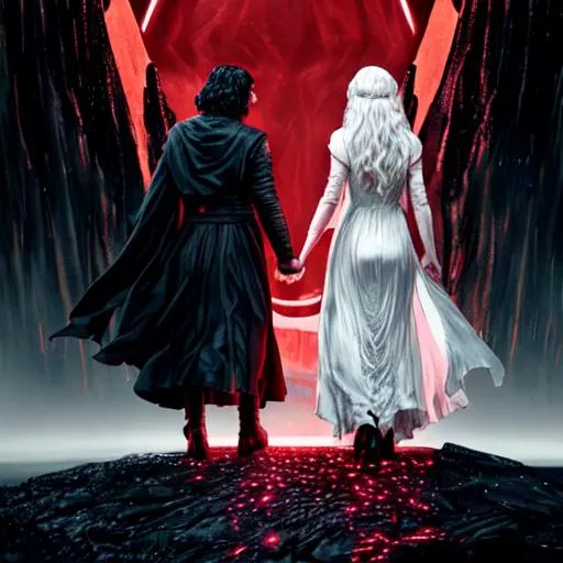 Prompt: movie still of adam driver as kylo ren holding hands with emilia clarke as daenerys targaryen {{{two characters}}}, {{{backs to camera}}}, dark fantasy, hyperealistic, symmetry, {{zoomed in}}, 4k, UHD, INTENSE red glow, dramatic, long flowing white hair 