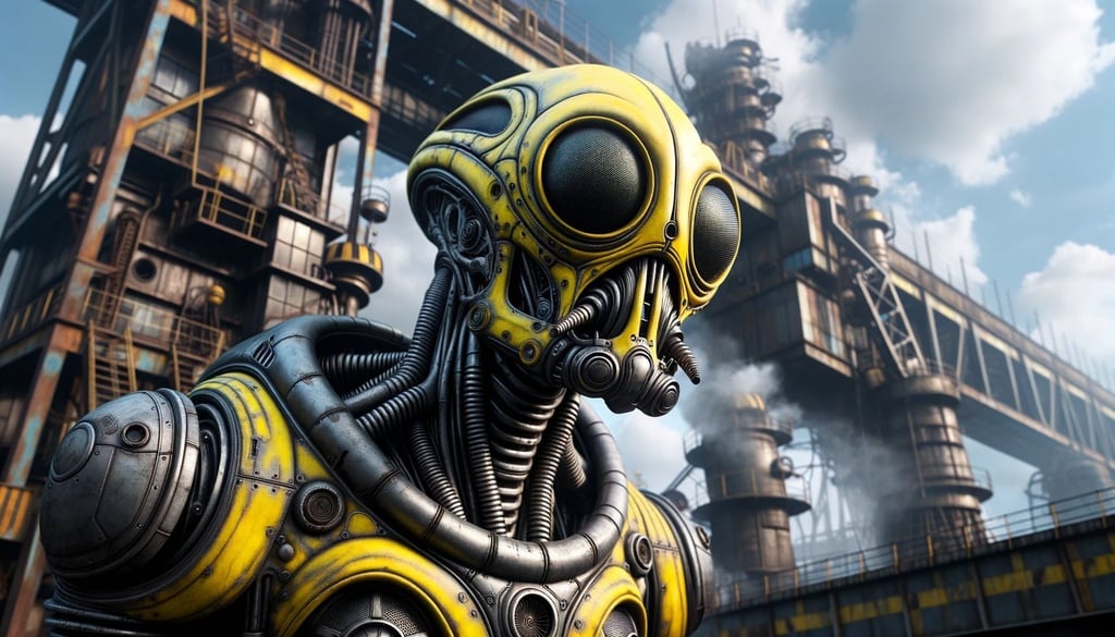 Prompt: High-resolution depiction of a yellow and black alien with detailed textures, in an urban setting infused with steelpunk and dieselpunk influences.