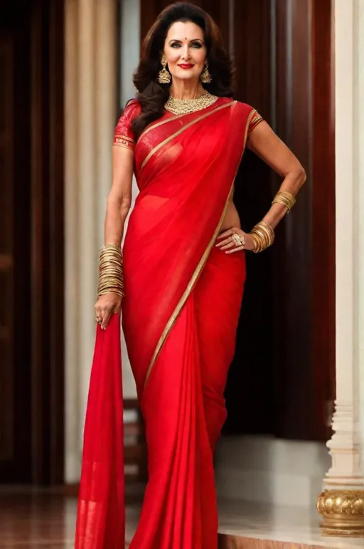 Prompt: Lynda Carter, high heels, wearing saree, navel visible, showing skin, long legs ,very tall, hour glass waist , posing,red lipstick, photorealistic