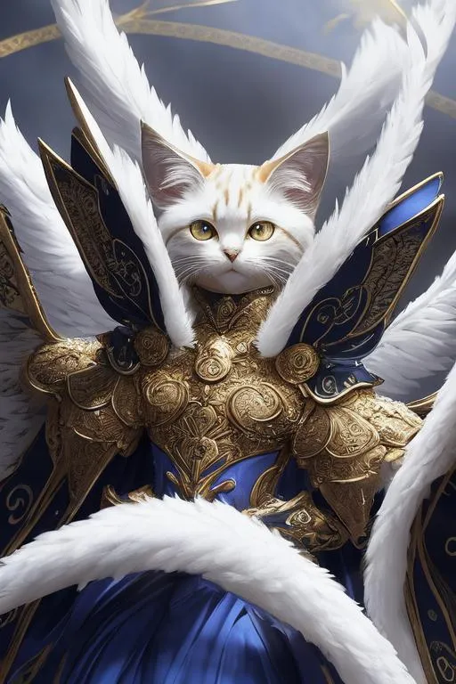 Prompt: 4 winged cat, multiple eyes on the head, (masterpiece), (best quality:1.2), (intricate detail), dynamic angle, looking at viewer, (1male), ((solo)), (((full body))), (slender), (((tabaxi))), (((white fur))), ((blue pupils)), (((light armor))), black armor, ((cloak)), mysterious, ((ominous expression))