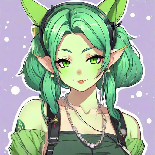 Prompt: short girl with green skin and pointy ears in anime style