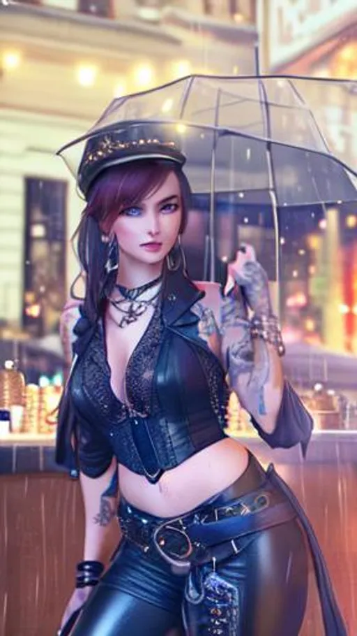 Prompt: Beautiful Peachjars, (close up), a beautiful steampunk woman, (tattoo), (wearing a bronze top), (wearing leather pants), (wearing boots), dark and rainy night, cinematic lighting, Hyperrealism, ultra highres, photorealistic, 8k, photography, head shot