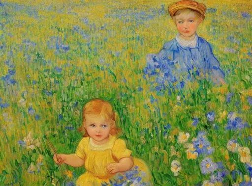 Prompt: Beautiful Romanian, Van gough impressionist scene, spring meadow, flowers, including Baby girl; blonde with blueeyes, Fine art, Welsh painting, Arianwen. Van gough painting meadow, Perfect face, art, golden ratio, perfect face, beautiful meadow with flowers, van gough baby 