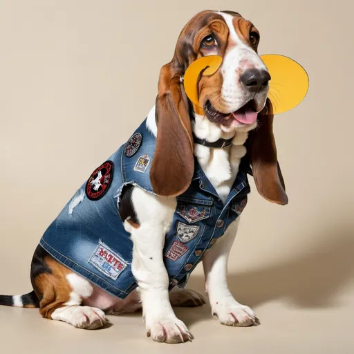 Prompt: Basset Hound wearing a heavy metal music denim vest with patches