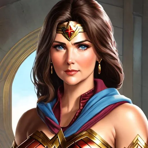 Prompt: wonder woman, Portrait baldur's gate player character with dark brown hair and crystal blue eyes, lynda carter