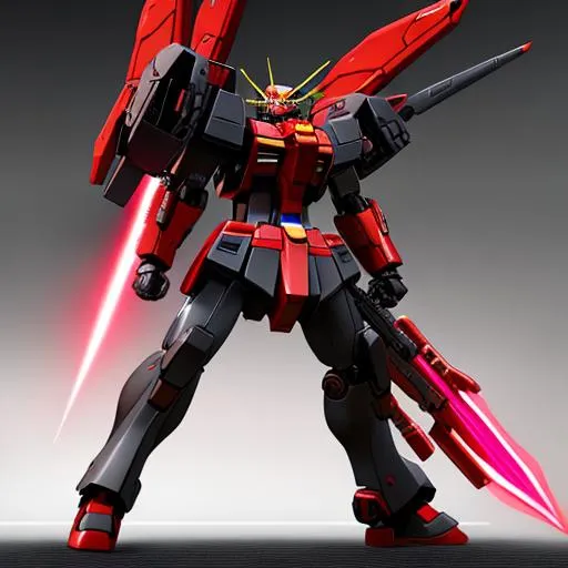 Prompt: Gundam, full metal jacket, neon red and black, full armor, wing jetpack, beam-rifle gun, standing pose, hyper realistic