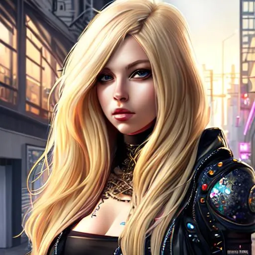 Prompt: hyperrealistic fullbody portrait,  digital art of beautiful blonde woman, in cyperpunk city