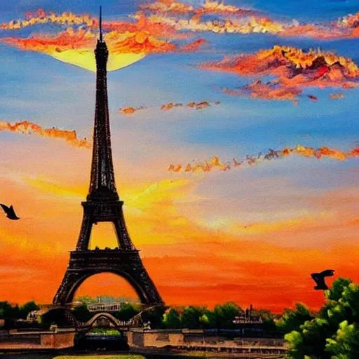 beautiful painting of the eiffel tower with birds an... | OpenArt