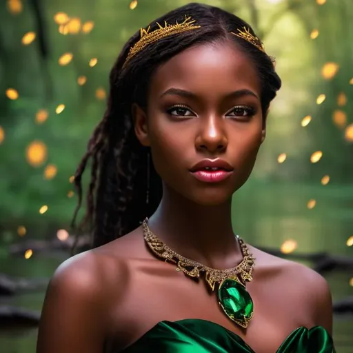 Prompt: professional modeling photo Tiana as live action human woman hd hyper realistic beautiful black woman brown hair brown skin brown eyes beautiful face green gown and jewelry and tiara enchanting bayou hd background with live action realistic Louisiana swamp with fireflies